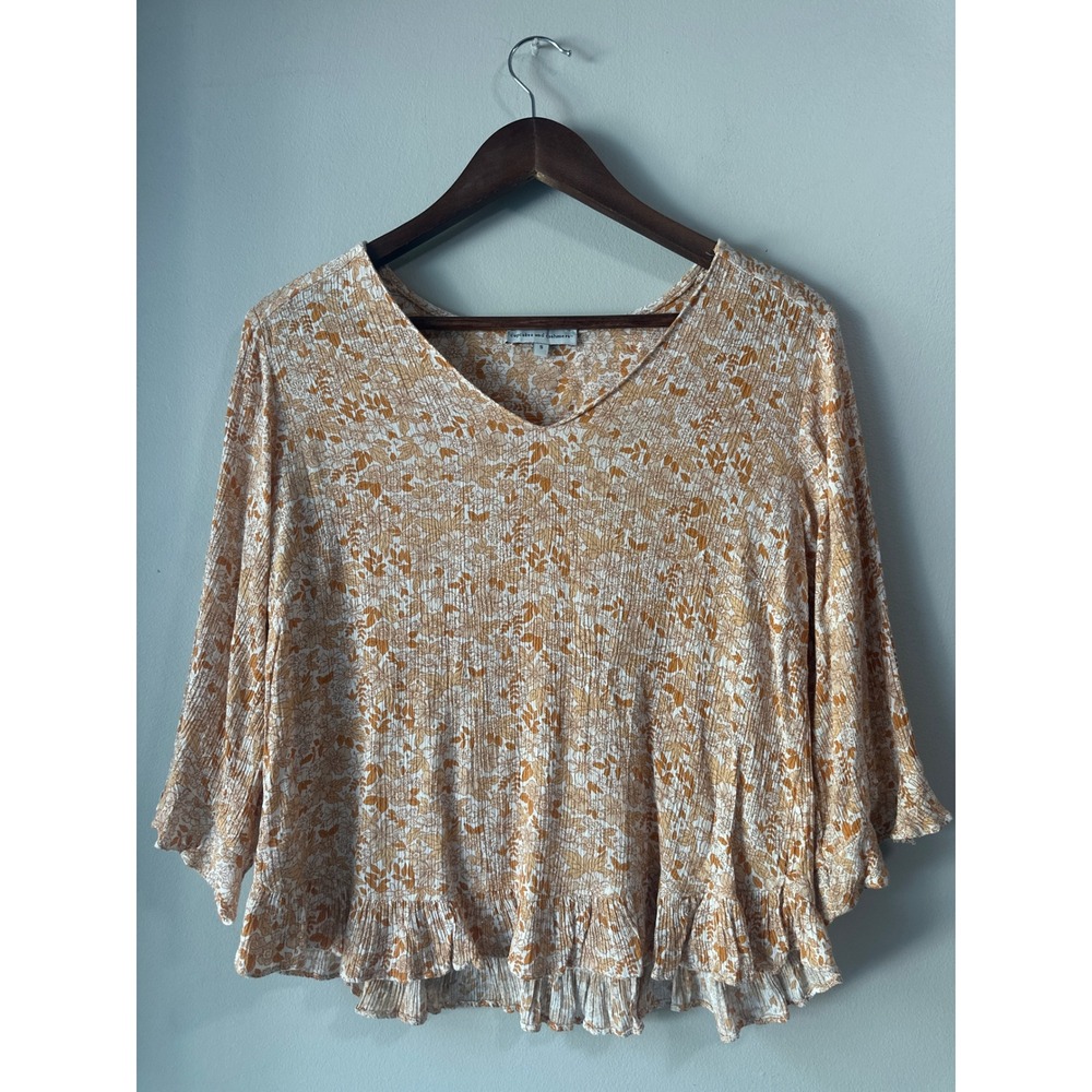 Cupcakes and Cashmere Floral Ruffle Blouse Mustard Yellow Gold Metallic Small
